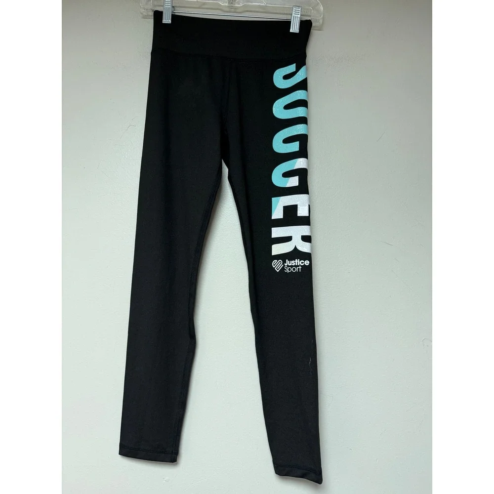 Justice Sport Girls L 12/14 Black Mint‎ Soccer Graphic Leggings NEW 305332